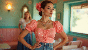 Modelo con blusa pin up de estilo vintage moderno, estampado de lunares y lazo al cuello, combinada con falda de cintura alta en una ambientación retro