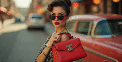 Mujer con bolso pin up de estilo vintage, diseño estructurado y detalles clásicos, posando con outfit retro en una escena inspirada en los años 50