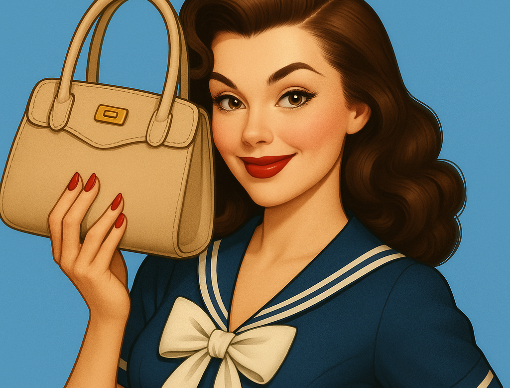 Ilustración estilo pin up de una mujer con vestido marinero azul, peinado vintage y bolso beige cerca del rostro, sobre fondo azul.