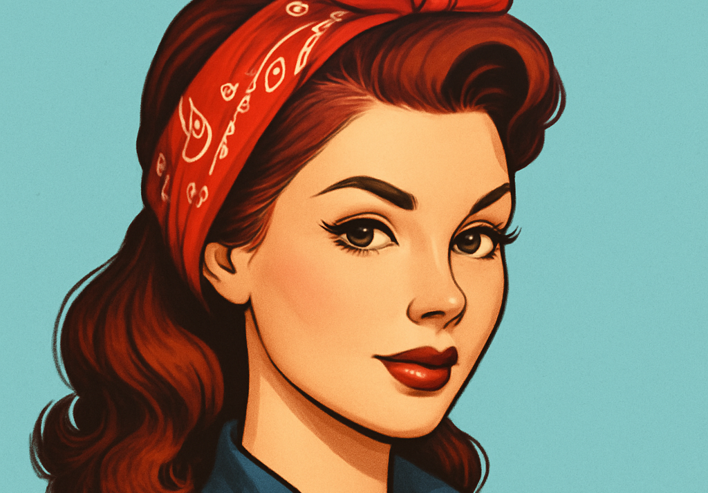 Chica con bandana roja, cabello castaño ondulado y camisa azul marino, posando frente a un fondo celeste puro.
