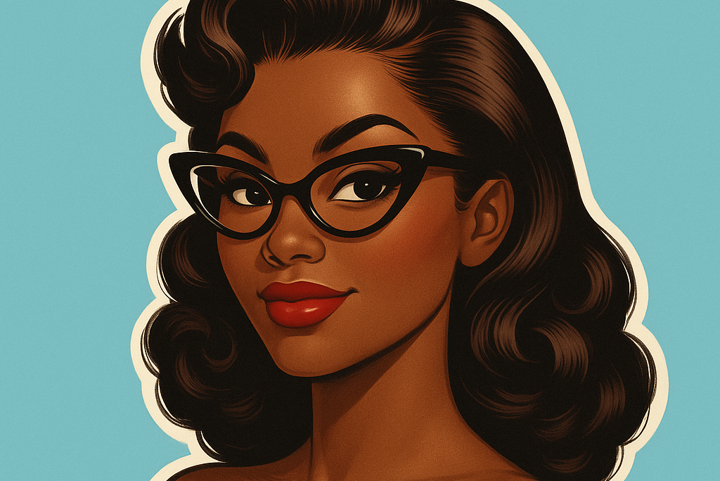 Chica de piel oscura con gafas cat eye, corset negro y peinado retro voluminoso, sobre fondo azul celeste, en pose empoderada.