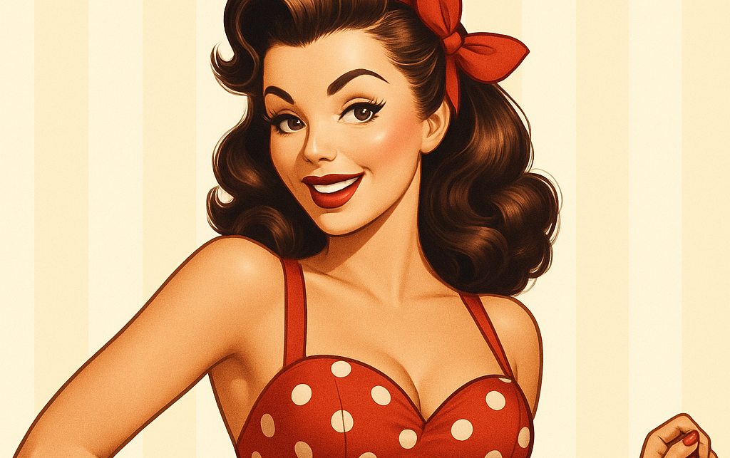 Ilustración estilo pin-up de una mujer con cabello castaño oscuro, vestido rojo con lunares blancos, pose coqueta y fondo con rayas verticales beige.