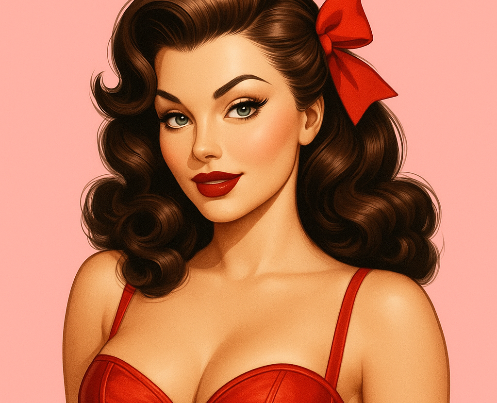 Retrato de una mujer morena con cabello oscuro y corset rojo intenso, posando sobre un fondo rosa suave, en estilo pin-up clásico.