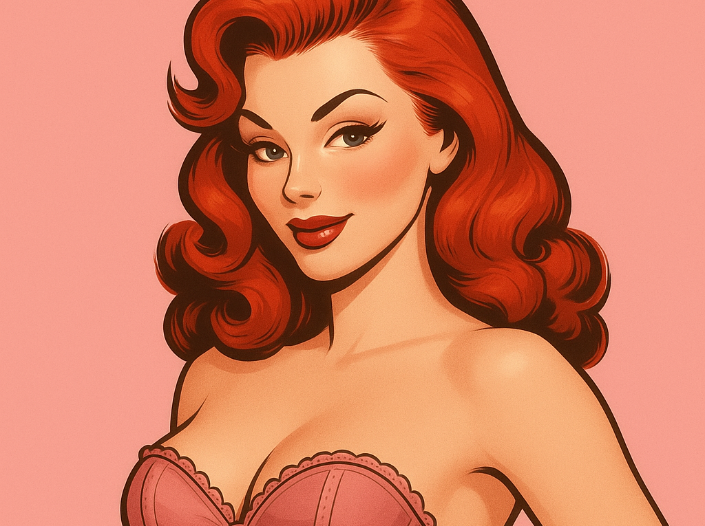 Pin-up pelirroja con corset rosa y falda oscura de lunares, fondo rosa que resalta el contraste del cabello rojizo.