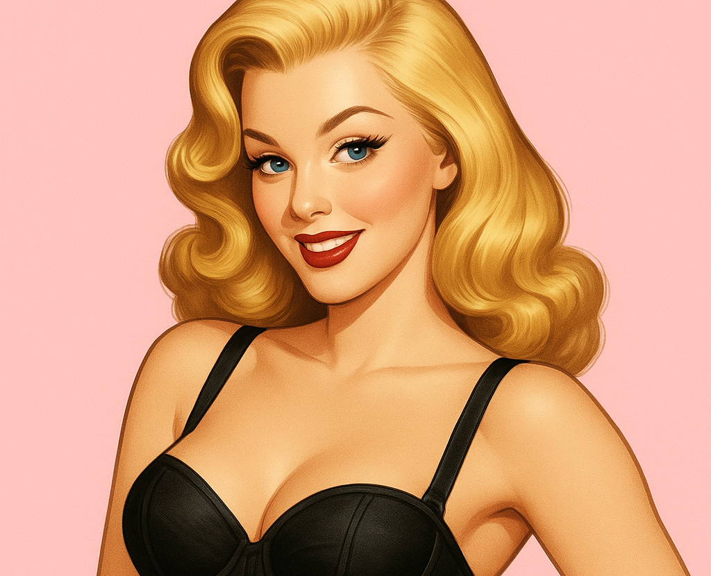 Chica rubia con rizos voluminosos, luciendo un vestido azul con lunares rosas, en pose alegre sobre un fondo claro con rayas suaves.