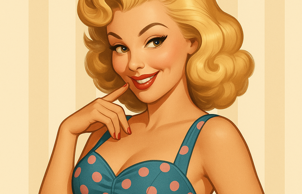 Chica rubia con rizos voluminosos, luciendo un vestido azul con lunares rosas, en pose alegre sobre un fondo claro con rayas suaves.
