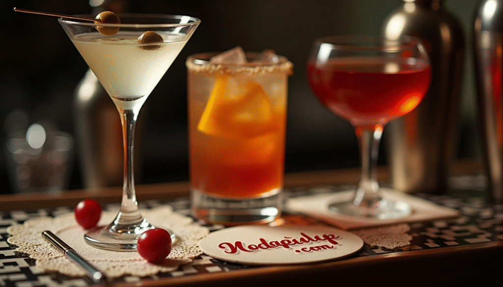 Cócteles vintage sobre barra retro estilo años 50: martini con aceituna, old fashioned con piel de naranja y Manhattan en copa antigua. Decoración con pajitas de cristal, cereza y servilletas clásicas. Imagen editorial que representa el espíritu festivo y elegante de la moda pin up. Aparece el nombre modapinup.com en un posavasos retro.