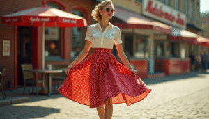 Mujer con falda pin up de talle alto y vuelo estilo años 50, caminando con confianza por una calle empedrada. Lleva blusa vintage ajustada, tacones retro y labios rojos. La escena tiene un fondo soleado y un cartel vintage donde se lee modapinup.com. Imagen que destaca moda retro femenina, faldas con vuelo y estilo pin up clásico.