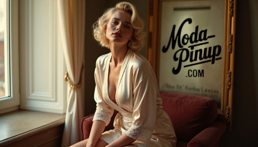 Mujer pin up inspirada en Marilyn Monroe posando en una habitación vintage, con bata de satén clara y ligueros con encaje visibles bajo la luz cálida del día. Fondo con cuadro decorativo retro donde se lee ‘modapinup.com’. Estética elegante y nostálgica de los años 50, con peinado de ondas suaves y labios rojos.
