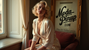 Mujer pin up inspirada en Marilyn Monroe posando en una habitación vintage, con bata de satén clara y ligueros con encaje visibles bajo la luz cálida del día. Fondo con cuadro decorativo retro donde se lee ‘modapinup.com’. Estética elegante y nostálgica de los años 50, con peinado de ondas suaves y labios rojos.