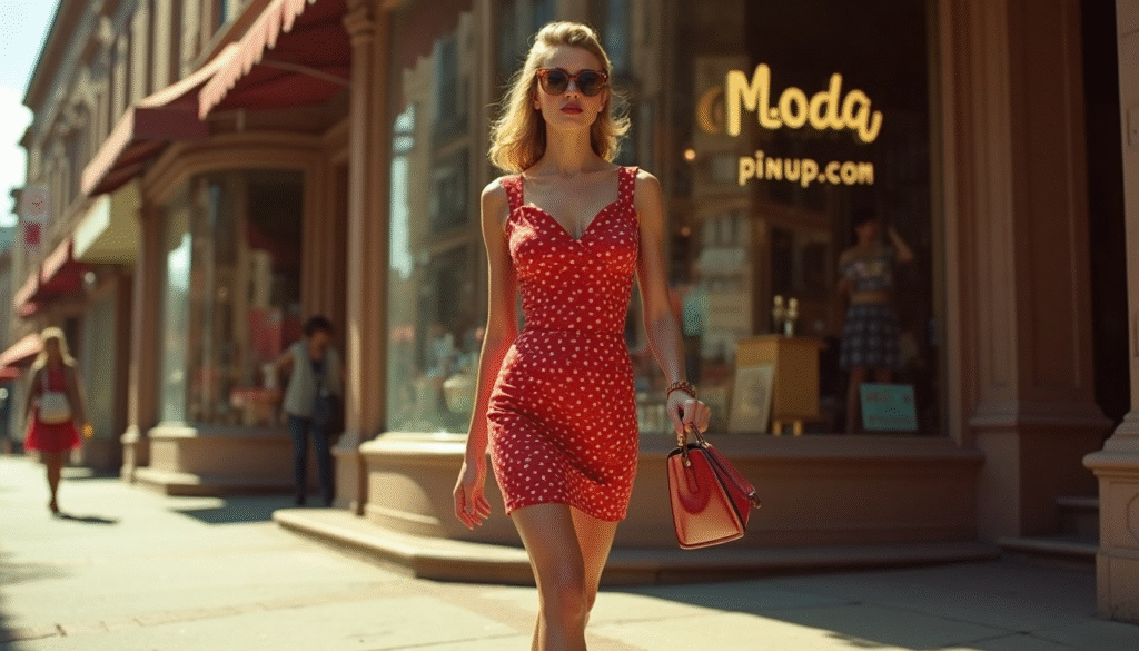 chica con estilo pin up paseando por la calle, en un escaparate de ropa pone modapinup.com