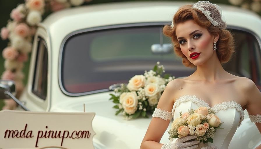 Novia con vestido estilo pin up de inspiración años 50, con escote corazón, falda con vuelo y cinturón ceñido. Peinado con rizos vintage, labios rojos y velo corto tipo birdcage. Imagen editorial romántica que representa una boda retro con esencia femenina y detalles de moda estilo pin up. Aparece el cartel modapinup.com en el fondo decorativo.