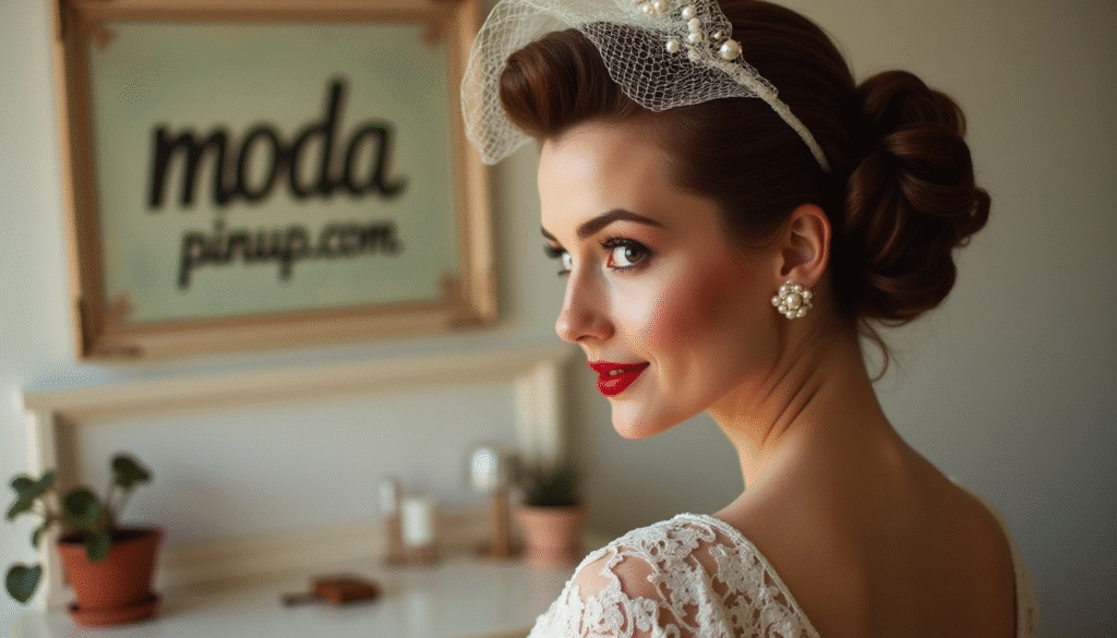 Peinado de novia pin up con victory rolls y velo corto, adornado con horquillas de perlas y ondas suaves. La imagen se centra en el peinado visto de perfil o desde atrás. Look inspirado en la moda retro femenina de los años 50. El entorno vintage incluye un cartel decorativo con el texto modapinup.com.