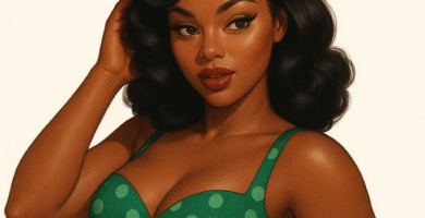 Mujer morena ilustrada en estilo pin-up vintage, vestida con un vestido verde de lunares, peinado clásico y fondo blanco, representando glamour y elegancia retro.