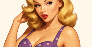una mujer rubia estilo pin-up con vestido morado de lunares y expresión sensual, inspirada en la estética vintage de los años 50, sobre fondo blanco.