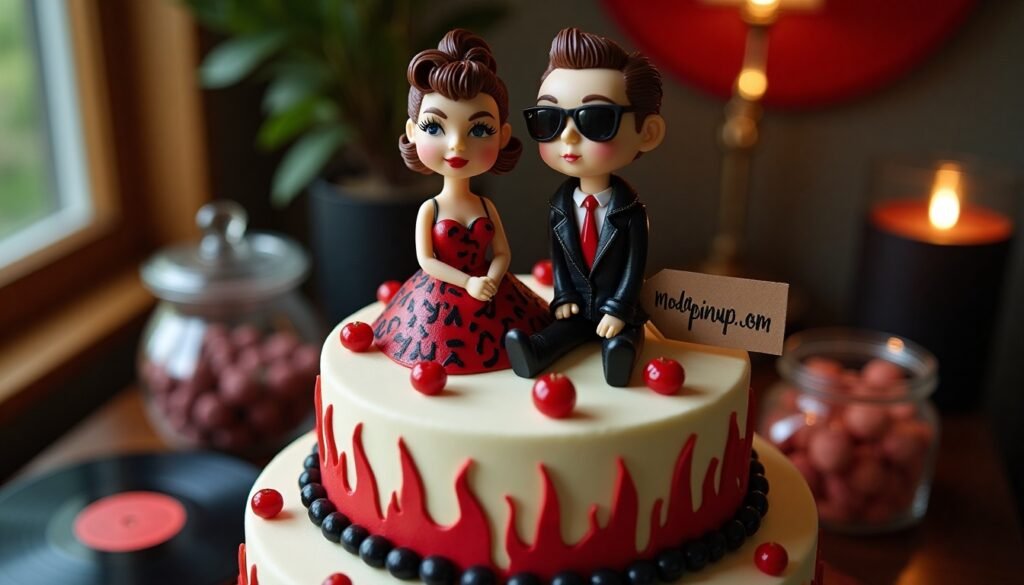Tarta de boda estilo rockabilly decorada con cerezas, detalles en rojo y negro y figuras de novios pin up: la novia con vestido estampado y el novio con chaqueta de cuero y tupé. El pastel refleja el estilo rebelde y vintage de una boda pin up con toques rockeros. En la base aparece modapinup.com como detalle decorativo.