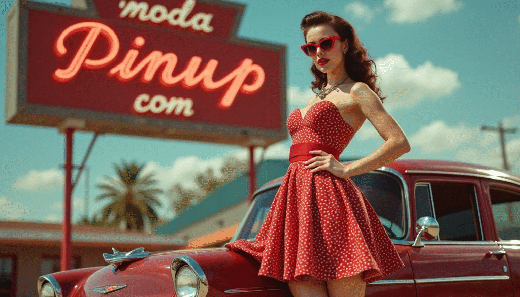 Mujer con vestido pin up estilo rockabilly de cerezas, con escote corazón y falda con vuelo, posando frente a un diner retro. Lleva labios rojos, peinado vintage y gafas cat eye. Imagen editorial que representa la moda pin up femenina, los vestidos rockabilly y el estilo retro de los años 50.