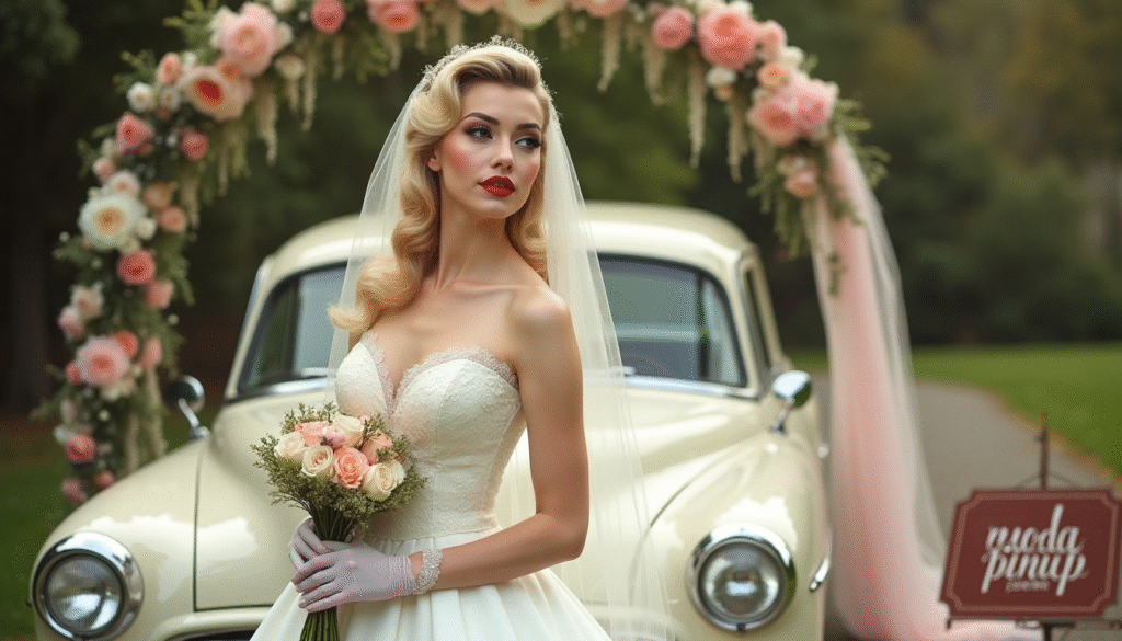 Mujer con vestido de novia pin up de corte años 50, escote corazón, falda con vuelo y cintura ajustada. Lleva peinado vintage, labios rojos y guantes de encaje, posando frente a un coche clásico o arco floral retro. Imagen editorial que representa la moda nupcial estilo pin up y el glamour femenino de época. Aparece el texto modapinup.com en la decoración.