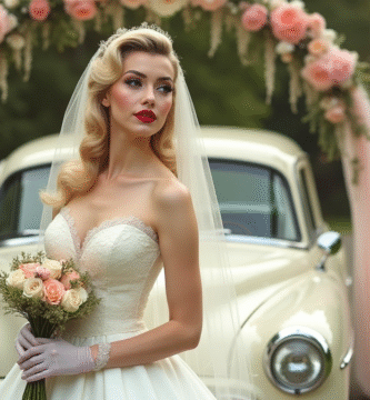 Mujer con vestido de novia pin up de corte años 50, escote corazón, falda con vuelo y cintura ajustada. Lleva peinado vintage, labios rojos y guantes de encaje, posando frente a un coche clásico o arco floral retro. Imagen editorial que representa la moda nupcial estilo pin up y el glamour femenino de época. Aparece el texto modapinup.com en la decoración.