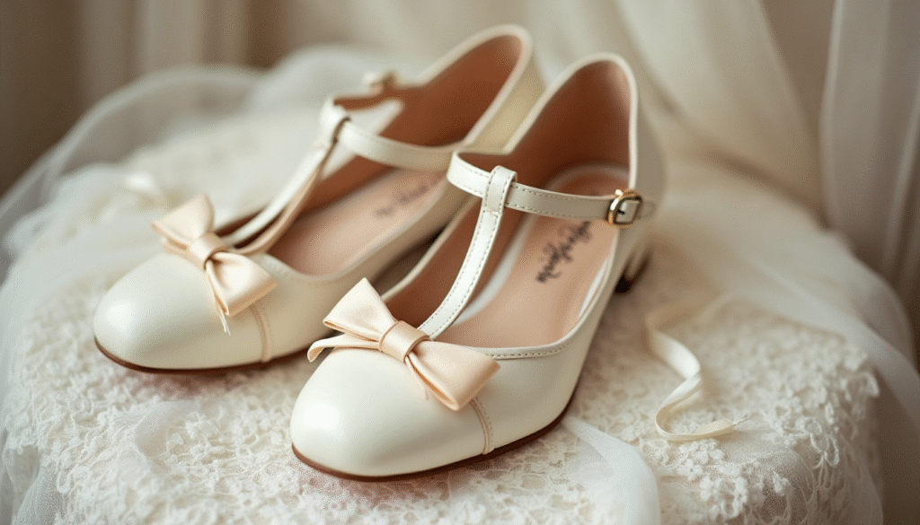 Zapatos de novia estilo pin up con tacón bajo y detalles vintage como lazos y acabado satinado. Diseño inspirado en los años 50 sobre fondo de encaje, con etiqueta decorativa que muestra modapinup.com. Imagen editorial que refleja la elegancia y el encanto retro de la moda nupcial pin up.