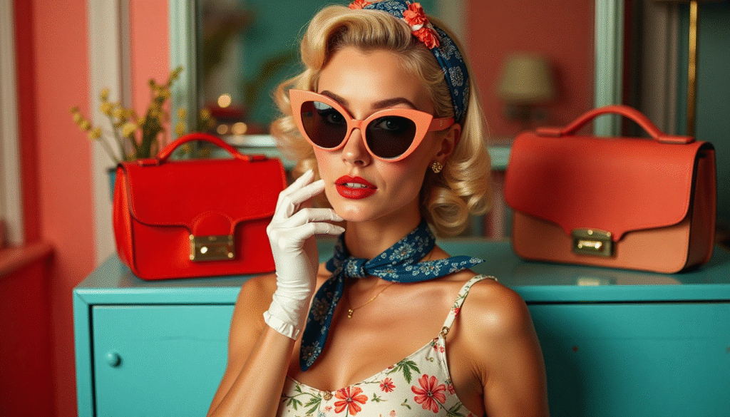 Mujer con estilo pin up posando con dos pañuelos vintage y gafas cat eye