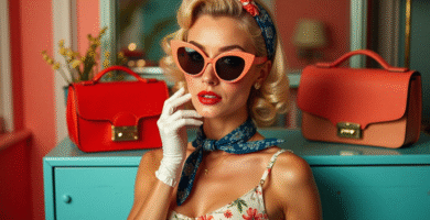 Mujer con estilo pin up posando con dos pañuelos vintage y gafas cat eye