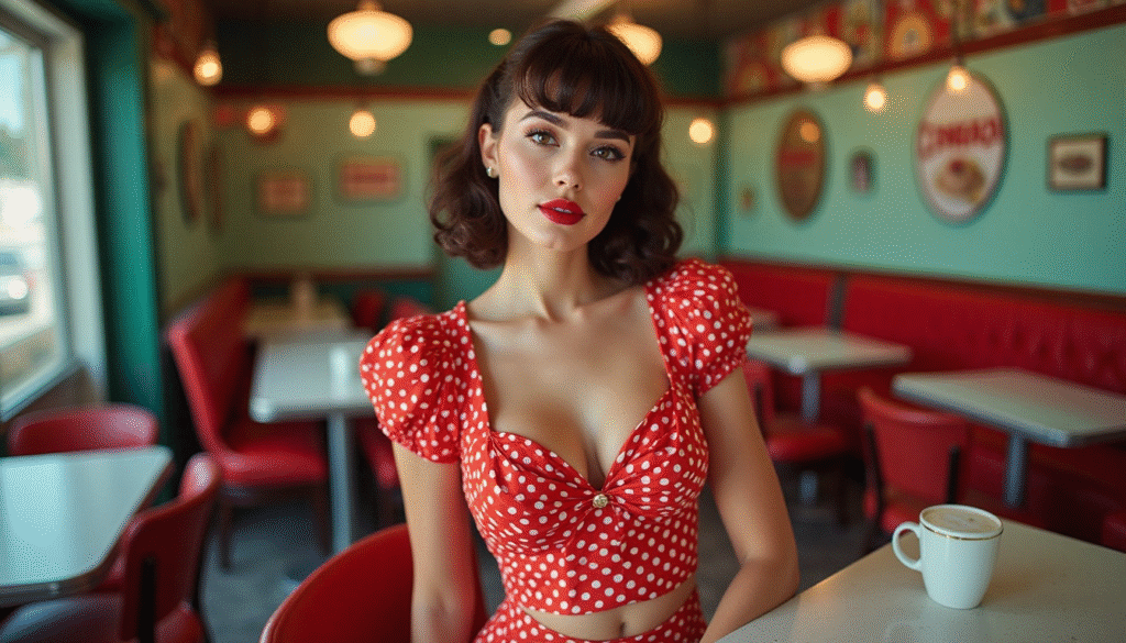 mujer pin up con vestido rojo de lunares blancos, representando el estilo vintage de los años 50 con una actitud coqueta y segura. Una muestra icónica de ropa pin.up que combina feminidad, nostalgia y carácter rebelde en un solo look