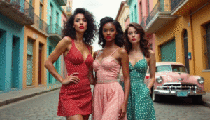 Grupo de mujeres con vestidos pin.up de estilo retro posando con confianza en una calle urbana, con estampados de lunares, colores vibrantes, labios rojos y delineado estilo cat-eye, frente a fachadas vintage