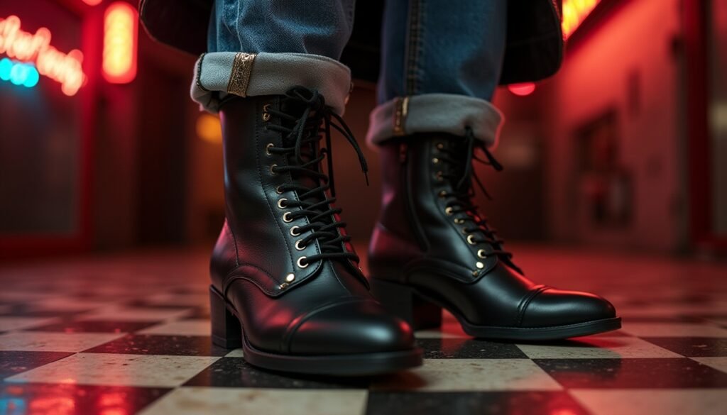 Botines vintage estilo pin up con aire rockabilly, diseño retro con cordones o cremallera. Imagen editorial que destaca el carácter atrevido y femenino del calzado pin up para looks más rebeldes. Fondo con detalle modapinup.com.
