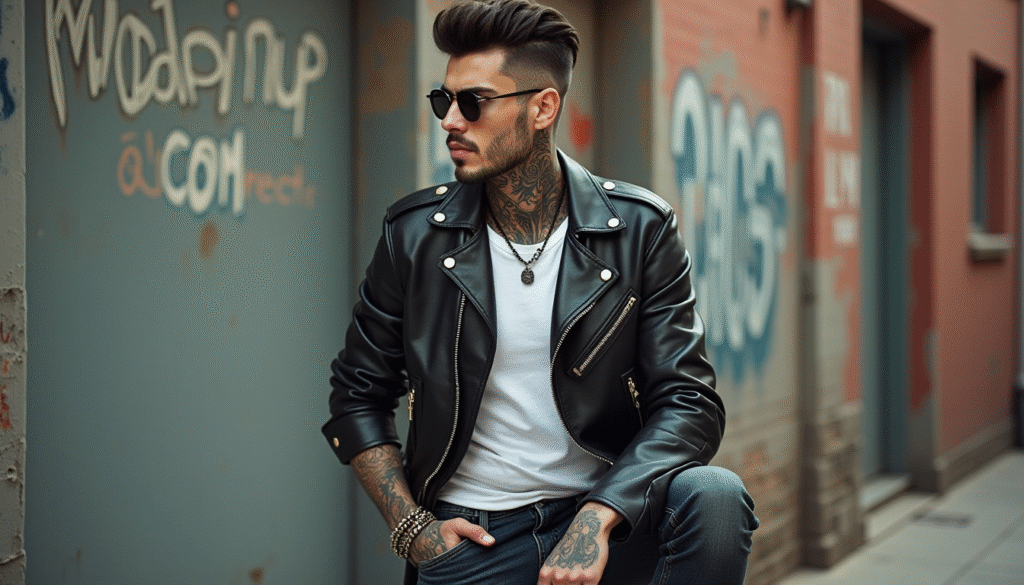 Hombre con look rockabilly vistiendo chaqueta de cuero negra, camiseta blanca ajustada y jeans clásicos, acompañado de un peinado estilo años 50 con tupé, representando la moda retro masculina en modapinup.com