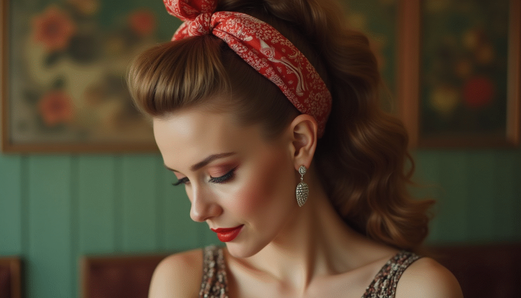 Primer plano de peinado pin up con coleta alta y pañuelo vintage anudado, cabello con ondas suaves. Imagen editorial que transmite el look femenino y desenfadado de la moda retro años 50.