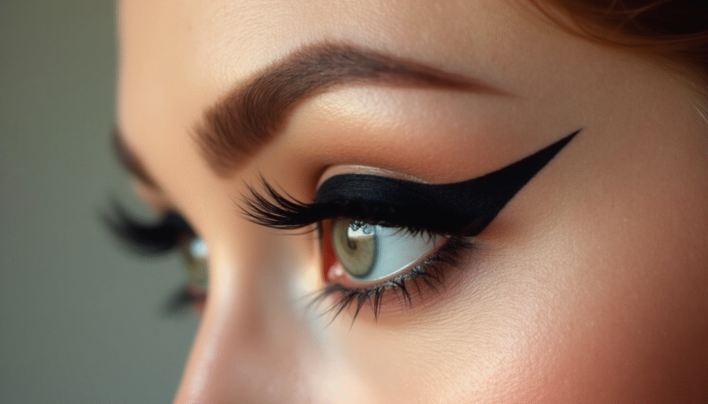 Primer plano de ojo femenino con delineado cat eye alargado, maquillaje clásico estilo pin up. Imagen editorial que destaca el look icónico de ojos de la moda retro años 50.