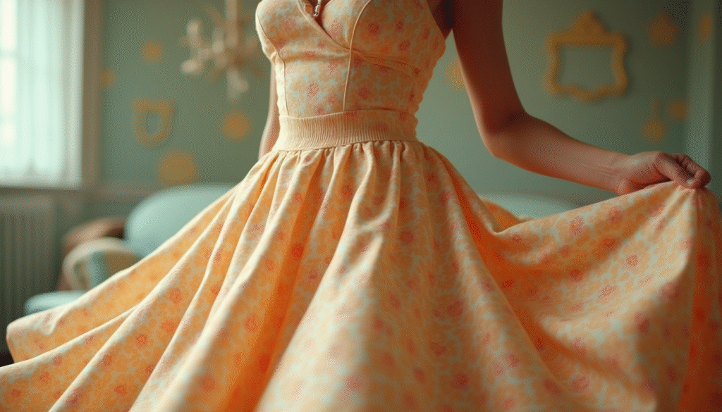 Primer plano de la silueta de un vestido pin up con cintura entallada y falda de vuelo. Imagen editorial que resalta el movimiento del tejido y la elegancia del corte retro femenino
