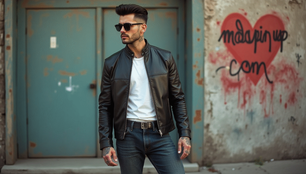 Hombre con estética rockabilly, luciendo chaqueta de cuero, pantalones vaqueros y peinado con tupé, evocando el espíritu rebelde y vintage de los años 50 en modapinup.com