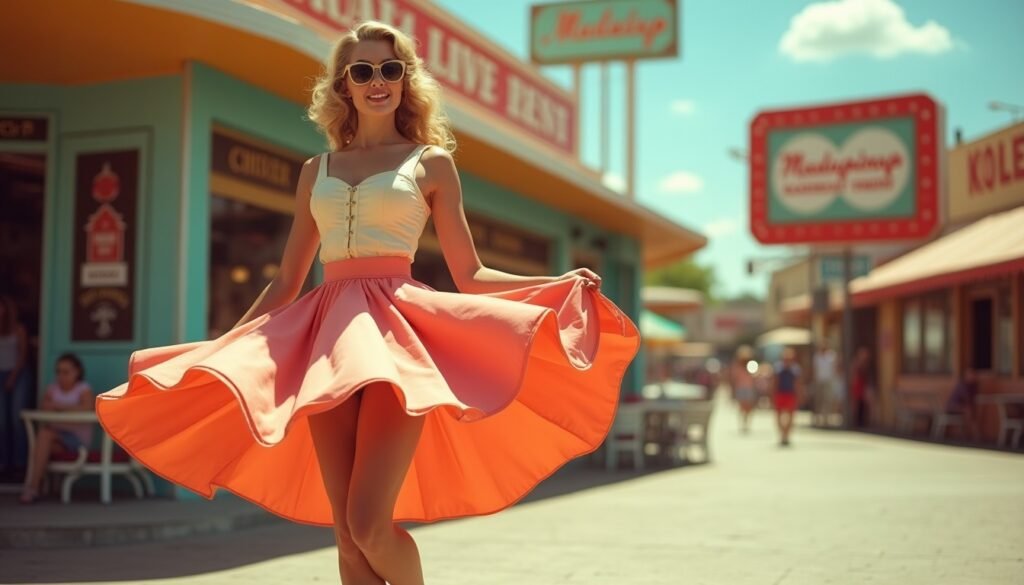 Mujer con falda de vuelo estilo pin up girando con alegría. Falda de cintura alta y vuelo amplio, combinada con blusa vintage y tacones retro. Imagen editorial en calle retro con aire inocente y juguetón. El fondo incluye el cartel modapinup.com.
