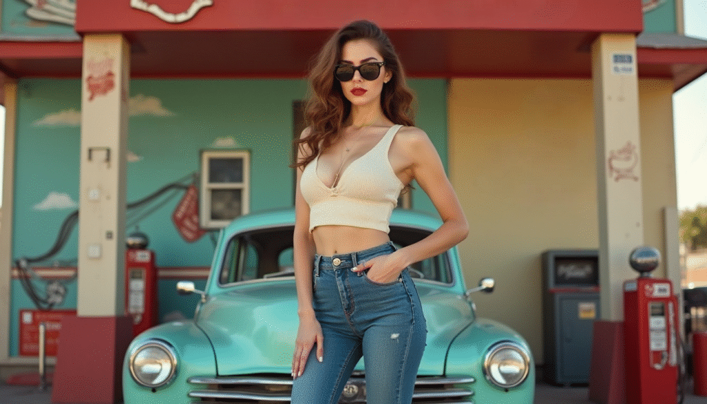 Mujer pin up con jeans de cintura alta tipo capri o pitillo, combinados con blusa vintage y accesorios retro. Imagen editorial que refleja el estilo casual y femenino de la moda pin up años 50. Fondo con cartel modapinup.com.