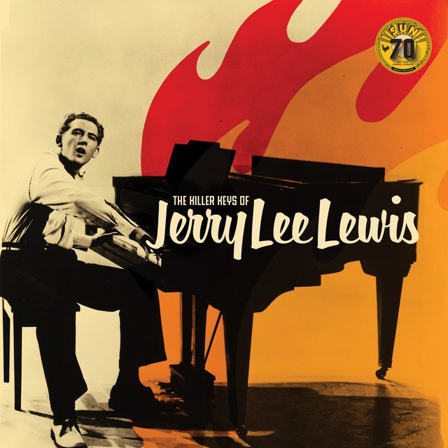 Portada retro de los años 50 con Jerry Lee Lewis tocando el piano, símbolo de la música y estilo rockabilly en modapinup.com