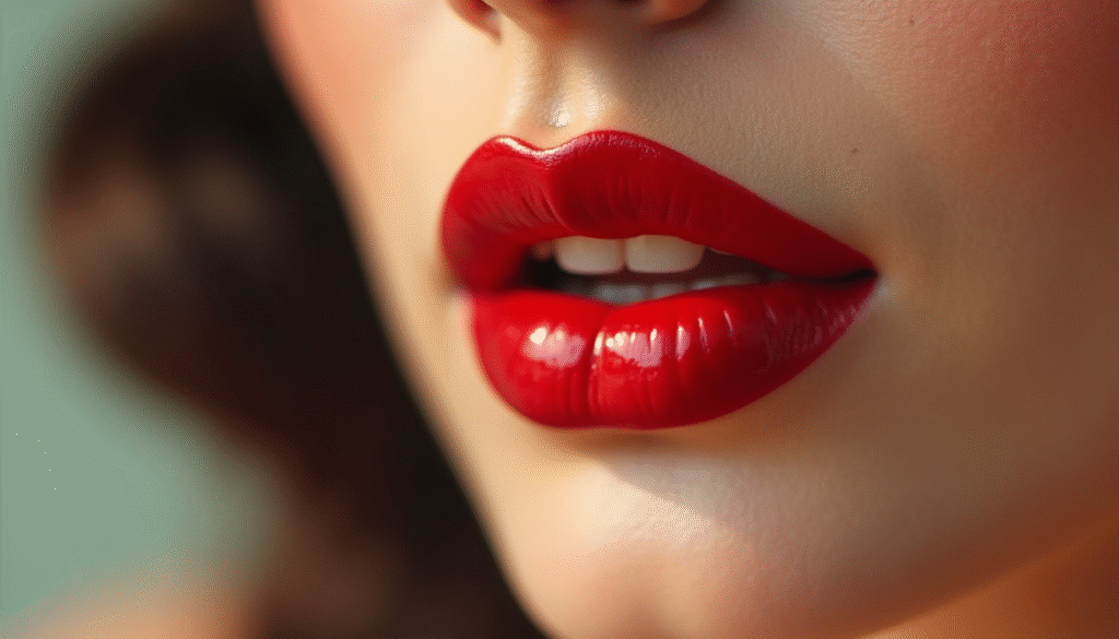 Primer plano de labios rojos intensos estilo pin up, maquillaje icónico de los años 50. Imagen editorial que destaca el símbolo femenino del maquillaje retro pin up.