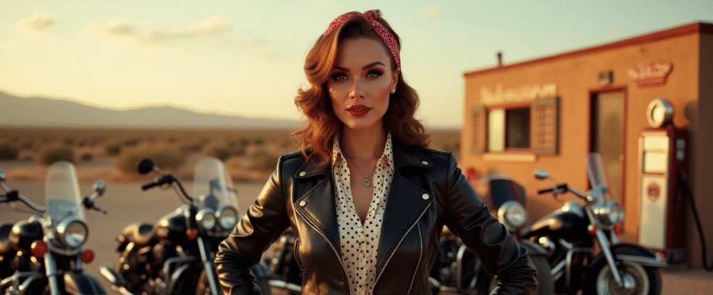 Mujer con look rockabilly, llevando tejanos de tiro alto, chaqueta de cuero y peinado retro con ondas y pañuelo, reflejando el estilo pin up clásico de los años 50 en modapinup.com
