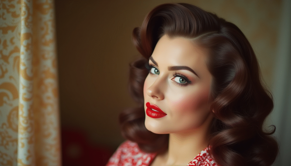Primer plano de ondas suaves estilo Hollywood en peinado pin up, cabello con brillo y volumen, look elegante y atemporal. Imagen editorial que refleja el glamour de los años 50.
