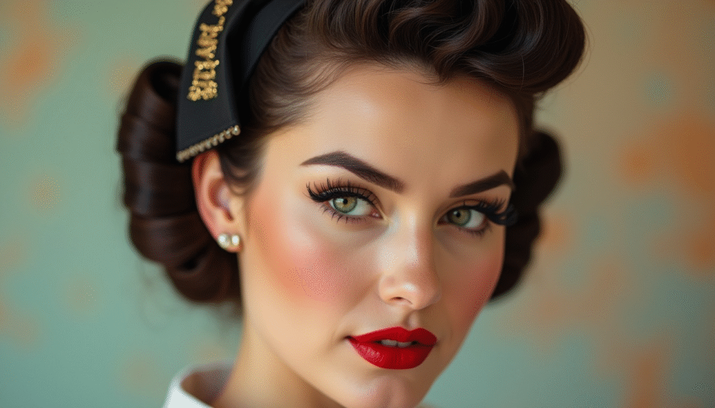 Peinado rockabilly femenino con tupé alto y ondas al estilo vintage, inspirado en la moda pin up de los años 50, ideal para un look retro en modapinup.com
¿Quieres que incluya algún accesorio específico como pañuelo, lazo o flor si aparece en la imagen? Puedo adaptarlo fácilmente.