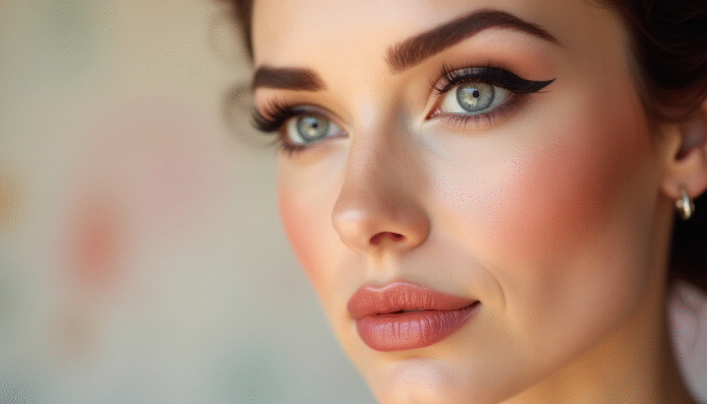 Primer plano de piel impecable estilo pin up, rostro con base de alta cobertura y acabado porcelana. Imagen editorial que refleja la perfección de la piel en el maquillaje retro femenino