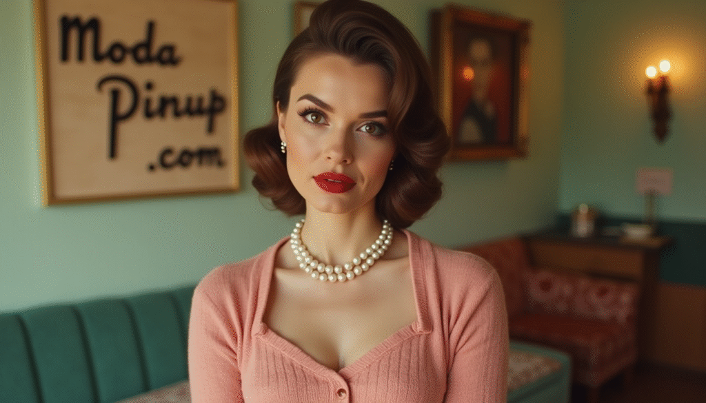 Mujer pin up con rebequita de punto vintage, combinada con vestido pin up y accesorios clásicos como perlas y broche retro. Imagen editorial que refleja el estilo femenino y elegante de la moda pin up años 50. Fondo con detalle modapinup.com.