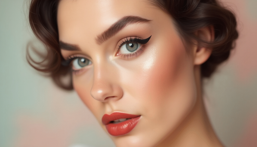 Primer plano de maquillaje de ojos con sombras neutras estilo pin up, look suave y elegante combinado con delineado cat eye. Imagen editorial que refleja el maquillaje femenino retro de los años 50