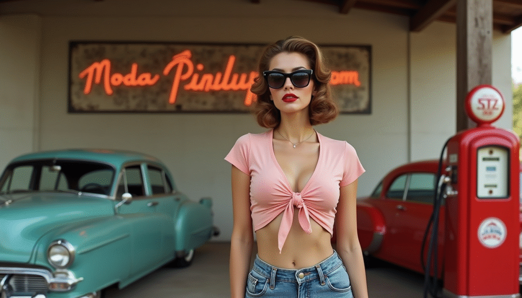 Mujer pin up con top anudado al frente, combinando jeans de talle alto y gafas cat eye. Imagen editorial con actitud atrevida y estilo rockabilly inspirado en la moda retro femenina.