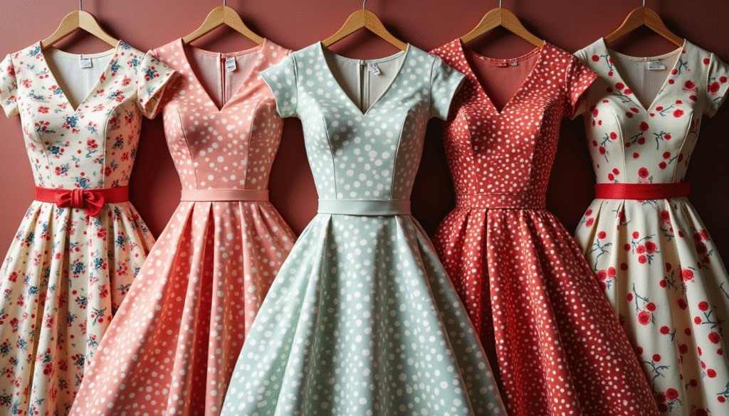 Composición editorial de vestidos pin up con estampados clásicos: lunares, flores, cerezas y motivos vintage. Imagen flat lay de tejidos y prendas retro con accesorios femeninos.