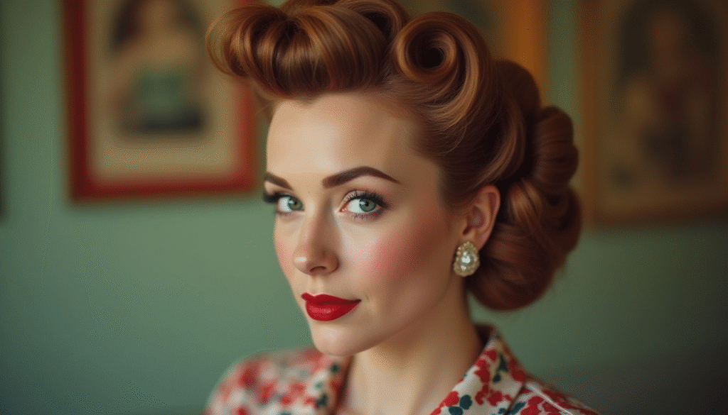 Primer plano de peinado con victory rolls estilo pin up, rulos enrollados en la parte superior de la cabeza, imagen icónica del look retro de los años 50. Fondo con detalle modapinup.com.