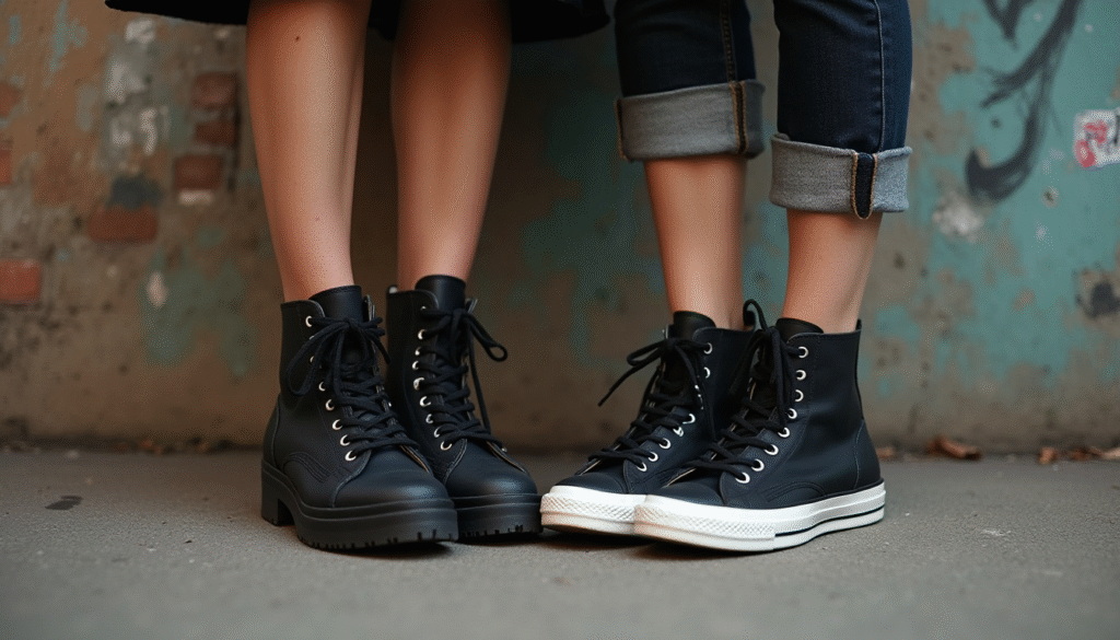 Botas y zapatillas femeninas con estilo rockabilly, mezcla de moda retro y actitud rebelde, perfectas para looks inspirados en los años 50 en modapinup.com