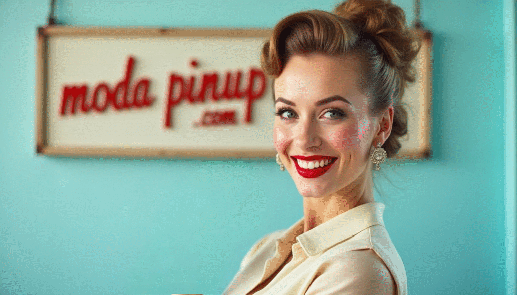 Imagen de cabecera para guía de principiantes estilo pin up, mujer con look retro años 50: vestido de vuelo, labios rojos, peinado vintage y actitud femenina. Imagen editorial que introduce la moda pin up de forma accesible para principiantes. Fondo con detalle modapinup.com.