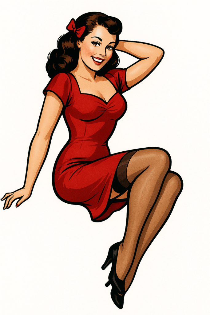 pinup girl con vestido pin.up rojo, con una pose sexi y elegante